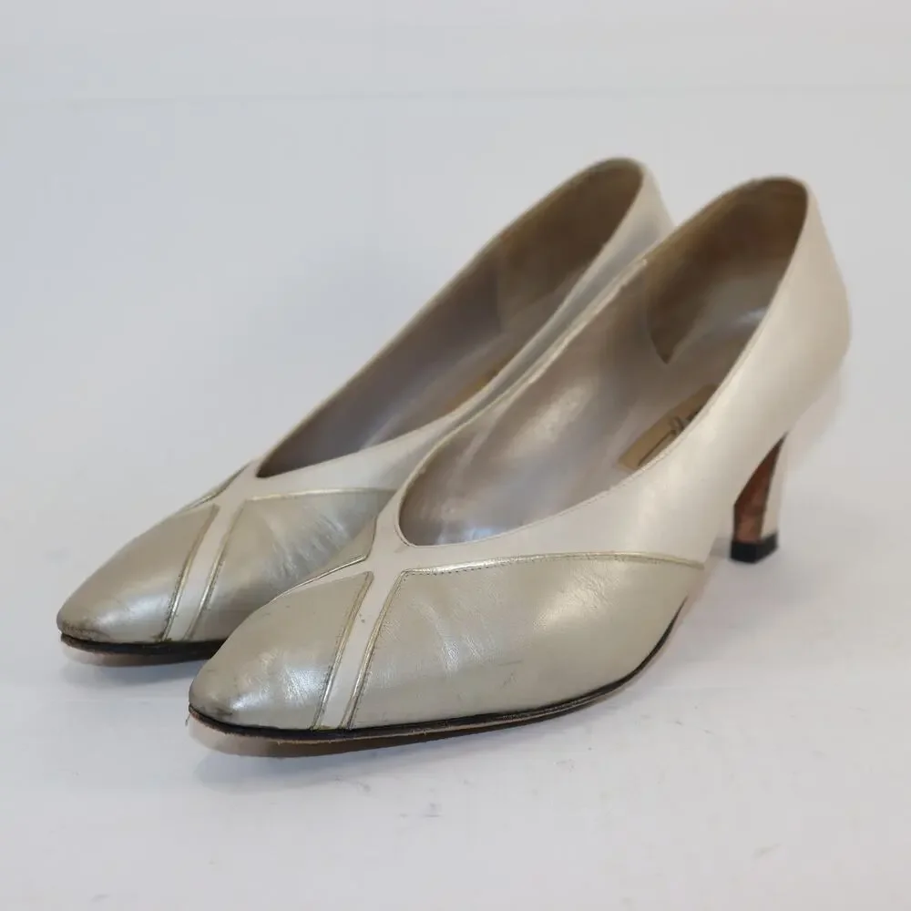 Vintage Amalfi Cream & Gold Leather Heels – Size 9AAA, Made in Italy